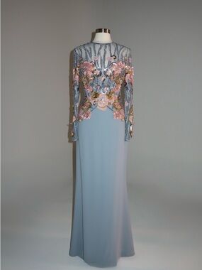 Elie Saab Powder Blue Long Sleeve Embellished Evening Gown